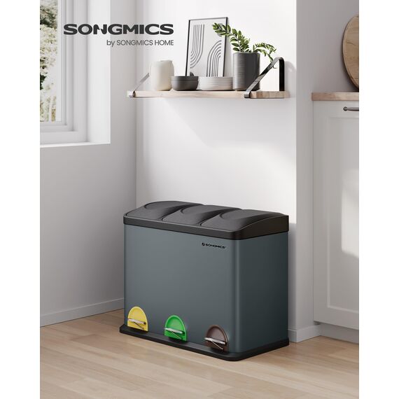 SONGMICS Mülleimer Küche, Mülltrennsystem 3 Fächer, Abfalleimer, 45 Liter Treteimer aus Metall, 3 x 15 Liter, Tretmülleimer mit Deckel, Stahl, grüngrau-tintenschwarz LTB45G
