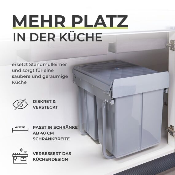 [en.casa] Einbaumülleimer Froland Mülleimer 2 Fächer Mülltrennsystem ausziehbar Abfalleimer Küche 2x20L herausnehmbare Behälter 48 x 34 x 42 cm Küchenmülleimer Grau