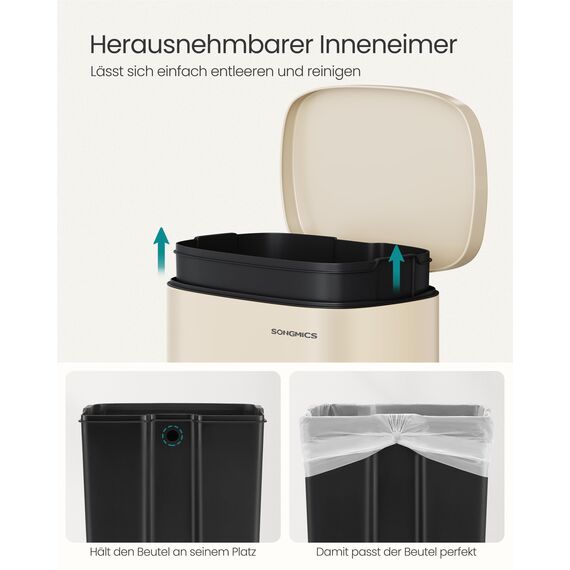 SONGMICS Mülleimer Küche, 50 Liter, Abfalleimer, Treteimer, mit Deckel, Softclose, Fußpedal, Stahl, Inneneimer, sandbeige LTB050A02