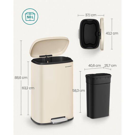 SONGMICS Mülleimer Küche, 50 Liter, Abfalleimer, Treteimer, mit Deckel, Softclose, Fußpedal, Stahl, Inneneimer, sandbeige LTB050A02