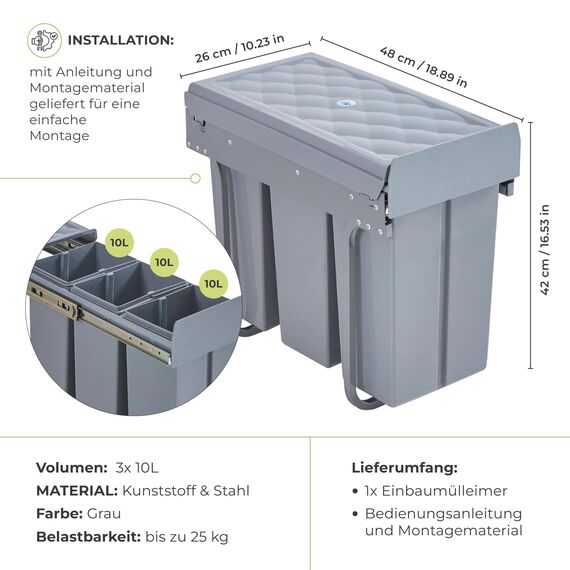 [en.casa] Einbaumülleimer Froland Mülleimer 3 Fächer Mülltrennsystem ausziehbar Abfalleimer Küche 3x10L herausnehmbare Behälter 48 x 26 x 42 cm Küchenmülleimer Grau