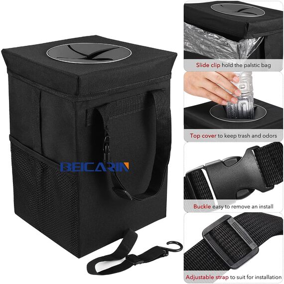 Beicarin Polyester Auto-Mülleimer mit Deckel - Auto-Müllsack mit Aufbewahrungstaschen Auslaufsicherer Auto-Organizer Zusammenklappbarer und tragbarer wasserdichter Mehrzweck für Autos