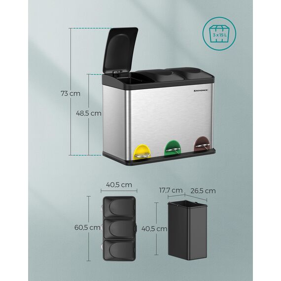 SONGMICS Mülleimer Küche, Mülltrennsystem 3 Fächer, Abfalleimer, 45 Liter Treteimer aus Metall, 3 x 15 Liter, Tretmülleimer mit Deckel, Stahl, metallisches Silber-tintenschwarz LTB45L