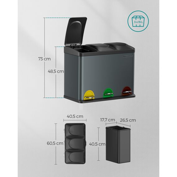 SONGMICS Mülleimer Küche, Mülltrennsystem 3 Fächer, Abfalleimer, 45 Liter Treteimer aus Metall, 3 x 15 Liter, Tretmülleimer mit Deckel, Stahl, grüngrau-tintenschwarz LTB45G
