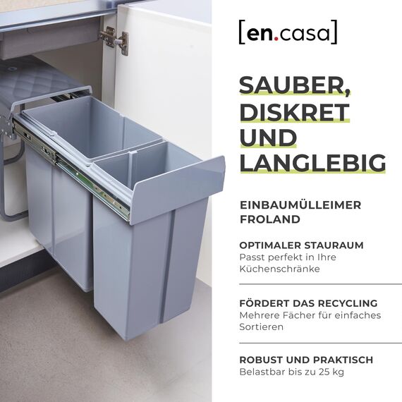 [en.casa] Einbaumülleimer Froland Mülleimer 2 Fächer Mülltrennsystem ausziehbar Abfalleimer Küche 1x20L+1x10L herausnehmbare Behälter 48 x 26 x 42 cm Küchenmülleimer Grau