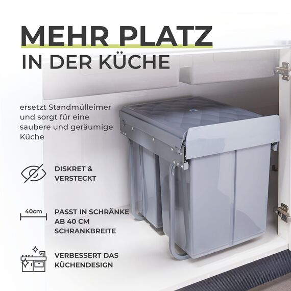 [en.casa] Einbaumülleimer Froland Mülleimer 3 Fächer Mülltrennsystem ausziehbar Abfalleimer Küche 2x10L+1x20L herausnehmbare Behälter 48 x 34 x 42 cm Küchenmülleimer Grau