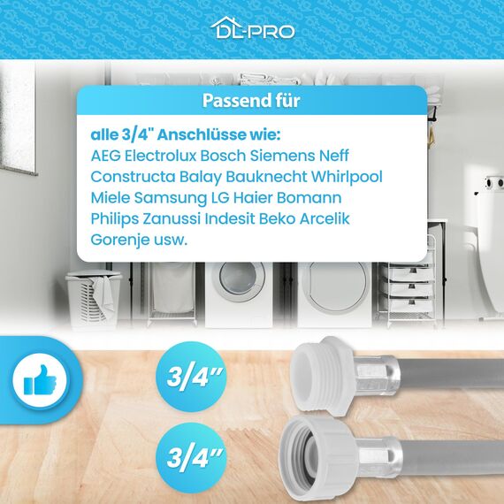 DL-pro 2,5m Zulaufschlauch Verlängerung für Waschmaschine und Spülmaschine - UNIVERSELL - [ROBUST & DICHT] - Für alle gängigen Modelle - Waschmaschinenschlauch Verlängerung - Größe wählen