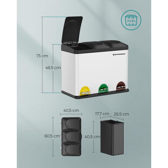 SONGMICS Mülleimer Küche, Mülltrennsystem 3 Fächer, Abfalleimer, 45 Liter Treteimer aus Metall, 3 x 15 Liter, Tretmülleimer mit Deckel, Stahl, wolkenweiß-tintenschwarz LTB45W