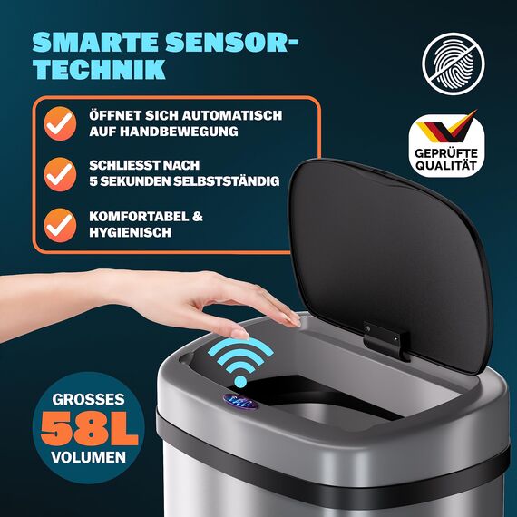 Monzana® Sensor Mülleimer Küche 58 L Automatik mit Bewegungssensor Soft-Close-Deckel Wasserdicht Smarter Abfalleimer Müllbehälter USB Kabel Silber