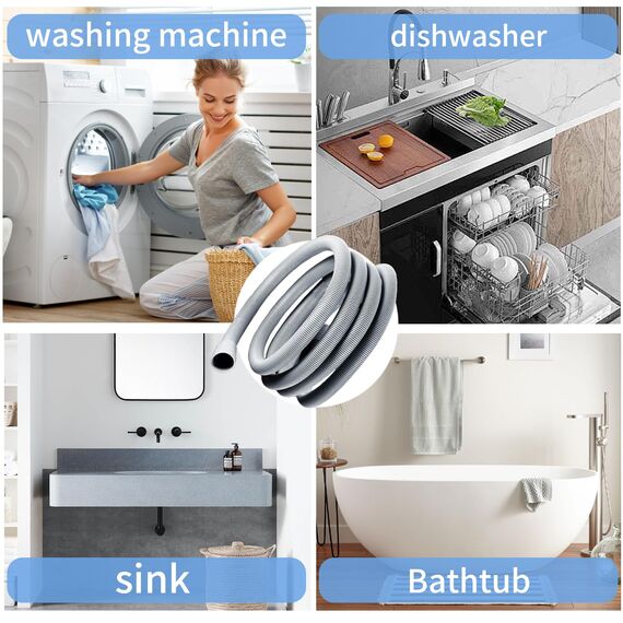 Ablaufschlauch Verlängerung, 0.5/1/1.5/2/2.5/3/4/5/6/7M, Abwasserschlauch Spülmaschine, Ablaufschlauch Schlauch Universal, inkl Schlauchverbinder und Schlauchschellen, für Waschmaschine Geschirrspüler