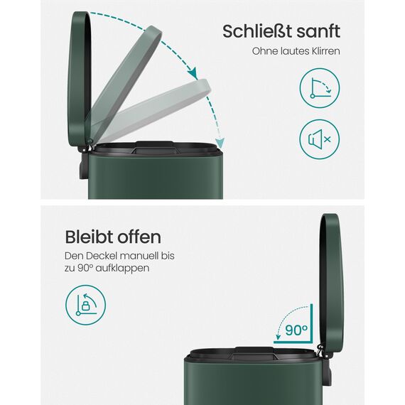 SONGMICS Mülleimer Küche, 30 Liter, Abfalleimer, Treteimer, mit Deckel, Softclose, Fußpedal, Stahl, Inneneimer, vintagegrün LTB003C02