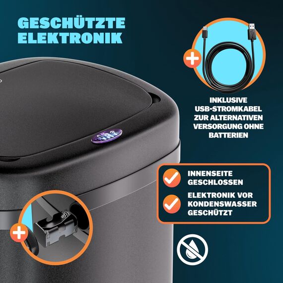 Monzana® Sensor Mülleimer Küche 58 L Automatik mit Bewegungssensor Soft-Close-Deckel Wasserdicht USB-Kabel Smarter Abfalleimer Müllbehälter Schwarz
