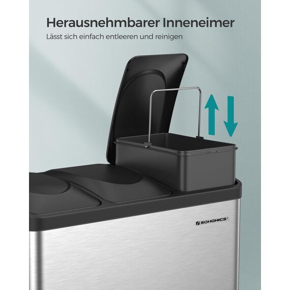 SONGMICS Mülleimer Küche, Mülltrennsystem 3 Fächer, Abfalleimer, 45 Liter Treteimer aus Metall, 3 x 15 Liter, Tretmülleimer mit Deckel, Stahl, metallisches Silber-tintenschwarz LTB45L
