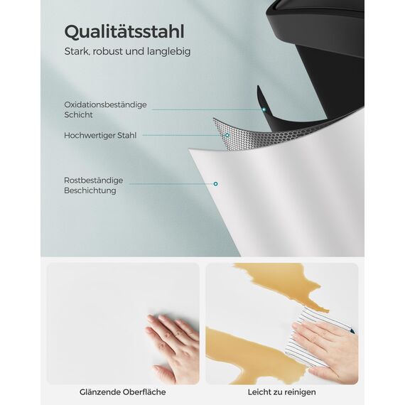 SONGMICS Mülleimer Küche, Mülltrennsystem 3 Fächer, Abfalleimer, 45 Liter Treteimer aus Metall, 3 x 15 Liter, Tretmülleimer mit Deckel, Stahl, wolkenweiß-tintenschwarz LTB45W