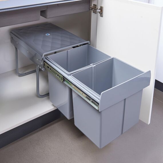 [en.casa] Einbaumülleimer Froland Mülleimer 2 Fächer Mülltrennsystem ausziehbar Abfalleimer Küche 2x15L herausnehmbare Behälter 48 x 34 x 35 cm Küchenmülleimer Grau