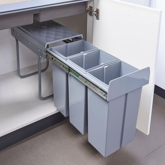 [en.casa] Einbaumülleimer Froland Mülleimer 3 Fächer Mülltrennsystem ausziehbar Abfalleimer Küche 3x10L herausnehmbare Behälter 48 x 26 x 42 cm Küchenmülleimer Grau