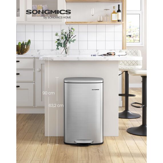 SONGMICS Mülleimer Küche, 50 Liter, Abfalleimer, Treteimer, mit Deckel, Softclose, Fußpedal, Stahl, Inneneimer, silbern LTB050E01