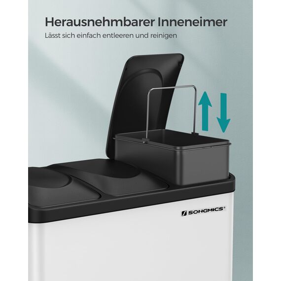 SONGMICS Mülleimer Küche, Mülltrennsystem 3 Fächer, Abfalleimer, 45 Liter Treteimer aus Metall, 3 x 15 Liter, Tretmülleimer mit Deckel, Stahl, wolkenweiß-tintenschwarz LTB45W