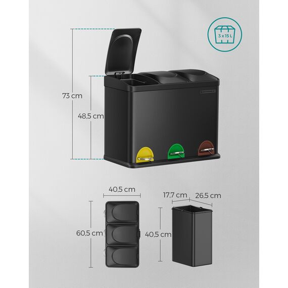 SONGMICS Mülleimer Küche, Mülltrennsystem 3 Fächer, Abfalleimer, 45 Liter Treteimer aus Metall, 3 x 15 Liter, Tretmülleimer mit Deckel, Stahl, tintenschwarz LTB45B