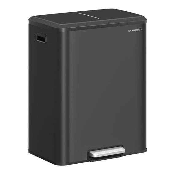 SONGMICS Mülleimer Küche, Mülltrennsystem 2 x 30 L, 2 Fächer für Recycling und Restmüll, Abfalleimer, Inneneimer, Stahl, Softclose-Deckel, breites robustes Pedal, tintenschwarz LTB556B02