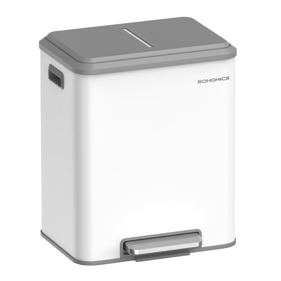 SONGMICS Mülleimer Küche, Mülltrennsystem 2 x 15 L, 2 Fächer für Recycling und Restmüll, Abfalleimer, Inneneimer, Stahl, Softclose-Deckel, breites robustes Pedal, wolkenweiß LTB544W02
