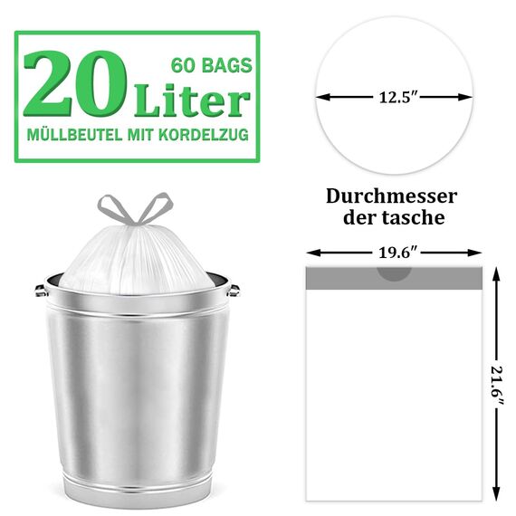 XIQIYY 20L Müllbeutel mit Zugband und Griffen,Müllsäcke mit Tragegriff 60 Stück Küchen Dicke Kunststoff-Weiß Mülltüten,Geeignet für 15–25 Liter Mülleimer