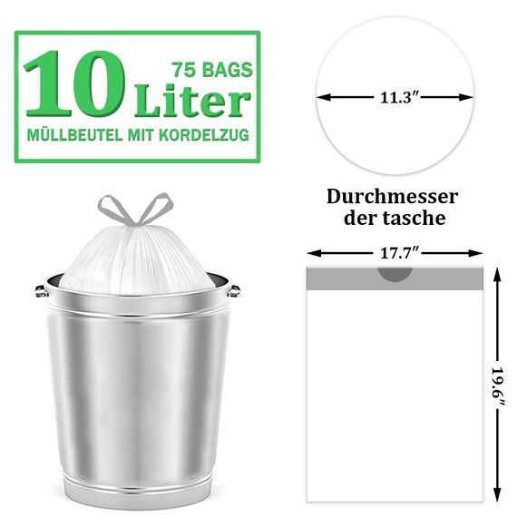 XIQIYY 10L Müllbeutel Mit Zugband,Kleine Müllsäcke Mit Tragegriff 75 Stück Abfallsack Mit Kordelzug,für Küchen Lebensmittel,Büro,Wohnzimmer,Geeignet Für 15 Liter Mülleimer(Weiß Mülltüten)