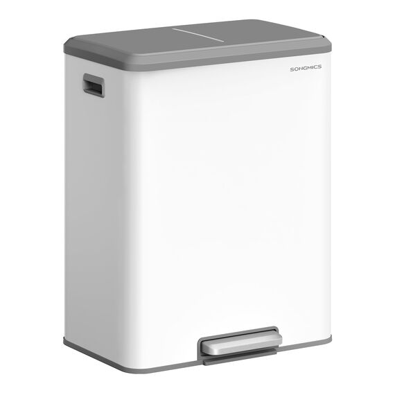 SONGMICS Mülleimer Küche, Mülltrennsystem 2 x 30 L, 2 Fächer für Recycling und Restmüll, Abfalleimer, Inneneimer, Stahl, Softclose-Deckel, breites robustes Pedal, wolkenweiß LTB556W02