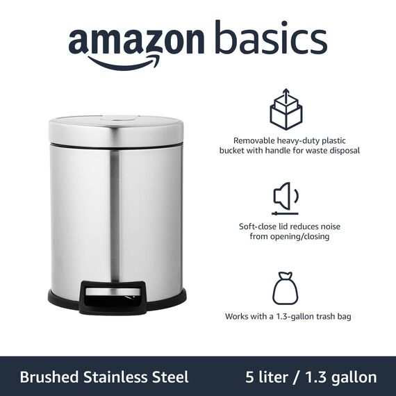 Amazon Basics Mülleimer, rund, zylindrisch, klein, sanftes Schließen, mit Fußpedal, für Badezimmer und kleine Räume, 5 l, Gebürsteter Edelstahl
