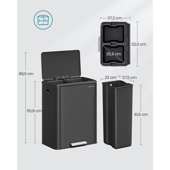 SONGMICS Mülleimer Küche, Mülltrennsystem 2 x 30 L, 2 Fächer für Recycling und Restmüll, Abfalleimer, Inneneimer, Stahl, Softclose-Deckel, breites robustes Pedal, tintenschwarz LTB556B02