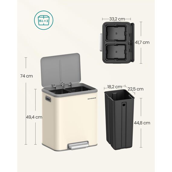 SONGMICS Mülleimer Küche, Mülltrennsystem 2 x 15 L, 2 Fächer für Recycling und Restmüll, Abfalleimer, Inneneimer, Stahl, Softclose-Deckel, breites robustes Pedal, sandbeige LTB544A02