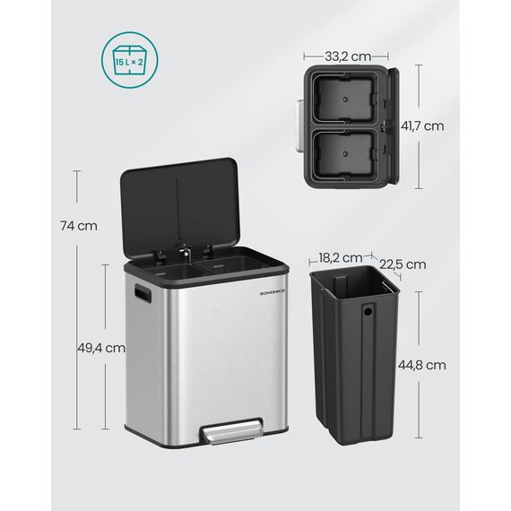 SONGMICS Mülleimer Küche, Mülltrennsystem 2 x 15 L, 2 Fächer für Recycling und Restmüll, Abfalleimer, Inneneimer, Stahl, Softclose-Deckel, breites robustes Pedal, metallicsilber LTB544E01