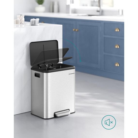 SONGMICS Mülleimer Küche, Mülltrennsystem 2 x 15 L, 2 Fächer für Recycling und Restmüll, Abfalleimer, Inneneimer, Stahl, Softclose-Deckel, breites robustes Pedal, metallicsilber LTB544E01