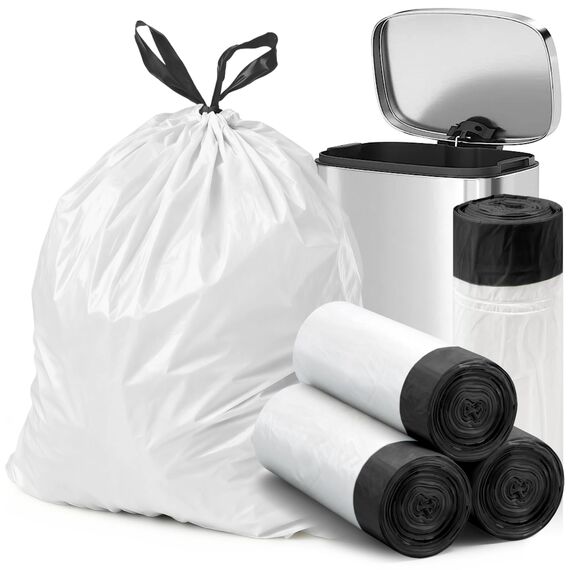 XIQIYY Müllbeutel 20L mit Zugband, Kleine Weiße Müllsäcke 48 Stück, Büro Mülltüten mit Tragegriff, Reißfeste, Extra Dicke, Abfallbeutel für Küche, Badezimmer, Geeignet für 15 Liter-20L Mülleimers