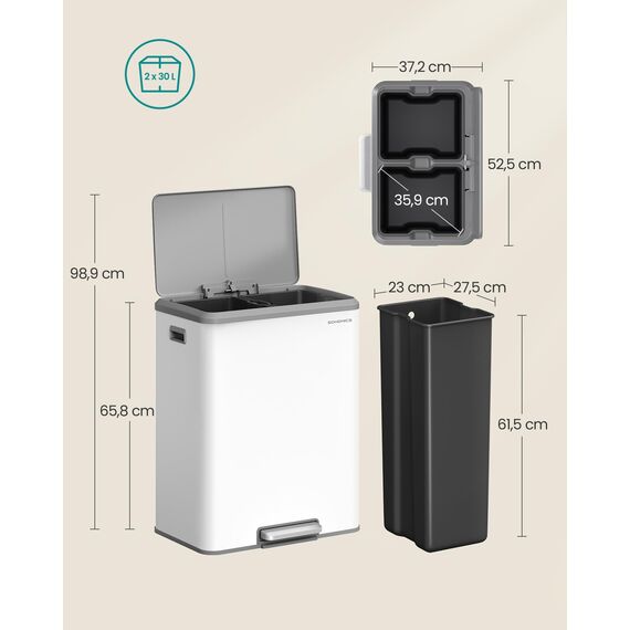 SONGMICS Mülleimer Küche, Mülltrennsystem 2 x 30 L, 2 Fächer für Recycling und Restmüll, Abfalleimer, Inneneimer, Stahl, Softclose-Deckel, breites robustes Pedal, wolkenweiß LTB556W02