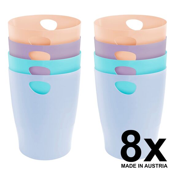 Exacompta 45396D 8er Pack ECOBIN Papierkorb Aquarel 15 Liter mit Griffen. Eleganter und robuster Papierkorb und Mülleimer im modernen Design Farbig sortiert zu je 2x Korallenrot, Blau, Grün, Mauve