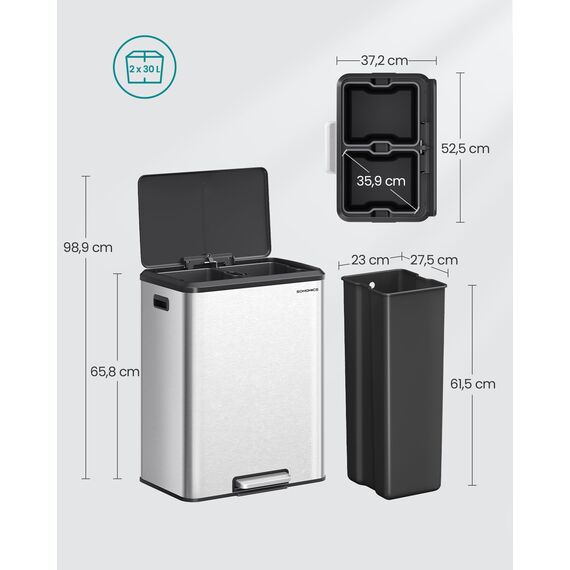 SONGMICS Mülleimer Küche, Mülltrennsystem 2 x 30 L, 2 Fächer für Recycling und Restmüll, Abfalleimer, Inneneimer, Edelstahl, Softclose-Deckel, breites robustes Pedal, metallicsilber LTB556E01
