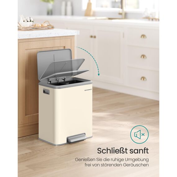 SONGMICS Mülleimer Küche, Mülltrennsystem 2 x 15 L, 2 Fächer für Recycling und Restmüll, Abfalleimer, Inneneimer, Stahl, Softclose-Deckel, breites robustes Pedal, sandbeige LTB544A02