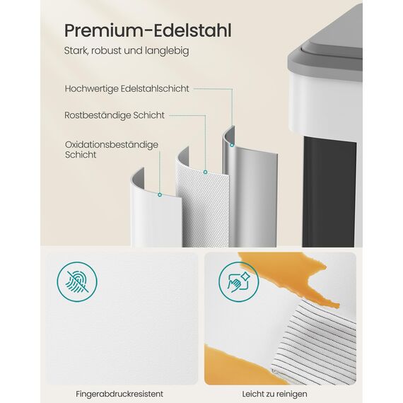 SONGMICS Mülleimer Küche, Mülltrennsystem 2 x 30 L, 2 Fächer für Recycling und Restmüll, Abfalleimer, Inneneimer, Stahl, Softclose-Deckel, breites robustes Pedal, wolkenweiß LTB556W02