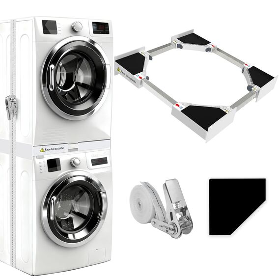 NIUXX Universal-Stapelbausatz/Verbindungsrahmen für Waschmaschine und Wäschetrockner, Waschmaschinenzubehör/Trocknerzubehör, mit Ratschenseil, Einstellbare Größe（46-66cm）