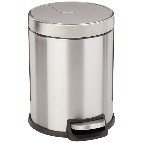 Amazon Basics Mülleimer, rund, zylindrisch, klein, sanftes Schließen, mit Fußpedal, für Badezimmer und kleine Räume, 5 l, Gebürsteter Edelstahl