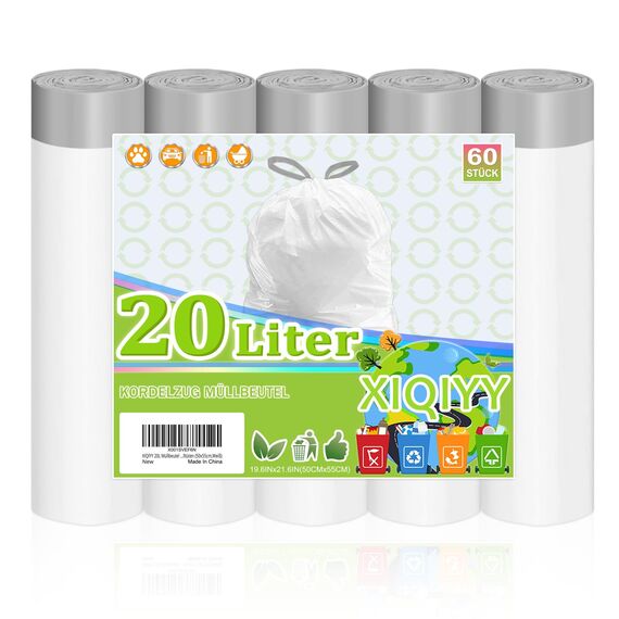 XIQIYY 20L Müllbeutel mit Zugband und Griffen,Müllsäcke mit Tragegriff 60 Stück Küchen Dicke Kunststoff-Weiß Mülltüten,Geeignet für 15–25 Liter Mülleimer