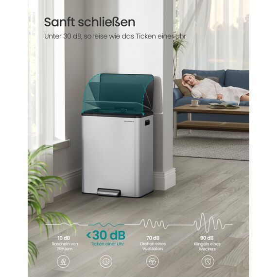 SONGMICS Mülleimer Küche, Mülltrennsystem 2 x 30 L, 2 Fächer für Recycling und Restmüll, Abfalleimer, Inneneimer, Edelstahl, Softclose-Deckel, breites robustes Pedal, metallicsilber LTB556E01