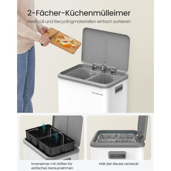 SONGMICS Mülleimer Küche, Mülltrennsystem 2 x 15 L, 2 Fächer für Recycling und Restmüll, Abfalleimer, Inneneimer, Stahl, Softclose-Deckel, breites robustes Pedal, wolkenweiß LTB544W02
