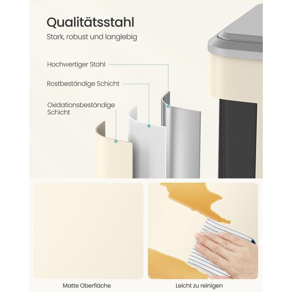 SONGMICS Mülleimer Küche, Mülltrennsystem 2 x 15 L, 2 Fächer für Recycling und Restmüll, Abfalleimer, Inneneimer, Stahl, Softclose-Deckel, breites robustes Pedal, sandbeige LTB544A02