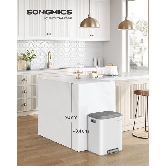 SONGMICS Mülleimer Küche, Mülltrennsystem 2 x 15 L, 2 Fächer für Recycling und Restmüll, Abfalleimer, Inneneimer, Stahl, Softclose-Deckel, breites robustes Pedal, wolkenweiß LTB544W02