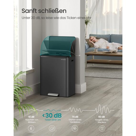 SONGMICS Mülleimer Küche, Mülltrennsystem 2 x 30 L, 2 Fächer für Recycling und Restmüll, Abfalleimer, Inneneimer, Stahl, Softclose-Deckel, breites robustes Pedal, tintenschwarz LTB556B02