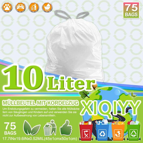 XIQIYY 10L Müllbeutel Mit Zugband,Kleine Müllsäcke Mit Tragegriff 75 Stück Abfallsack Mit Kordelzug,für Küchen Lebensmittel,Büro,Wohnzimmer,Geeignet Für 15 Liter Mülleimer(Weiß Mülltüten)