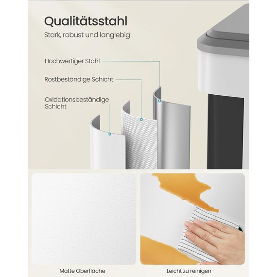 SONGMICS Mülleimer Küche, Mülltrennsystem 2 x 15 L, 2 Fächer für Recycling und Restmüll, Abfalleimer, Inneneimer, Stahl, Softclose-Deckel, breites robustes Pedal, wolkenweiß LTB544W02