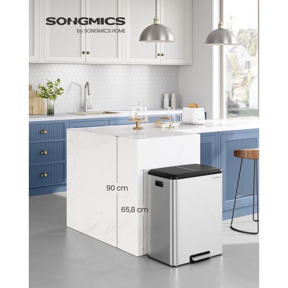 SONGMICS Mülleimer Küche, Mülltrennsystem 2 x 30 L, 2 Fächer für Recycling und Restmüll, Abfalleimer, Inneneimer, Edelstahl, Softclose-Deckel, breites robustes Pedal, metallicsilber LTB556E01